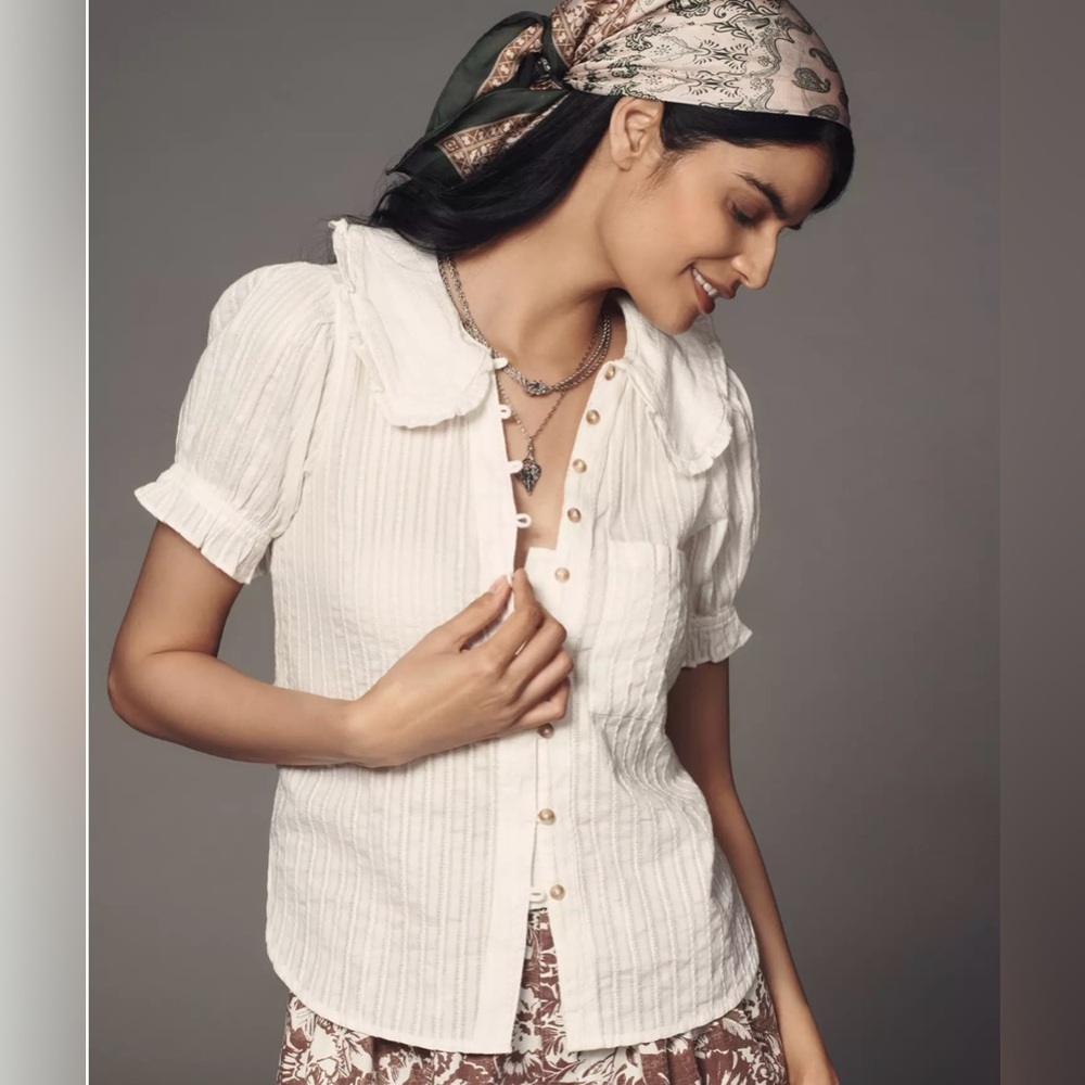 White Pilcro Keira Button-Front Puff Sleeve Top